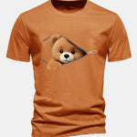 Regular Fit Zipper Bear Print Cotton T-Shirt