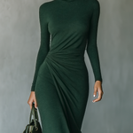 Women's Dark Green High-elastic Knitted High-neck Wrap Dress Midi Dress