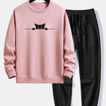 Black Cat Print Relax Fit Sweatshirt & Jogging Pants