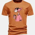 Regular Fit Pink Panther Drinking Coffee Print Cotton T-Shirt