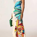 One Shoulder Sleeveless Floral Print Ruffle Hem Maxi Dress