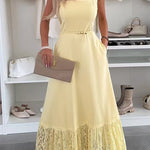 Square Neck Sleeveless Lace Splice Maxi Dress