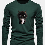 Long Sleeve Black Cat Drinking Coffee Print Cotton T-Shirt