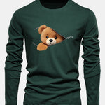 Long Sleeve Zipper Bear Print Cotton T-Shirt