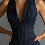 Halter Pinstripe V - neck Bodycon Dress
