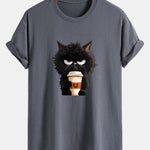 Regular Fit Black Cat Drinking Coffee Print Cotton T-Shirt
