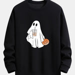 Halloween Ghost Drinking Coffee Pumpkin Print Relax Fit Sweatshirt