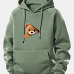 Zipper Bear Print Drawstring Hoodie
