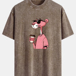 Pink Panther Drinking Coffee Print Washed Distressed Drop Shoulder T-Shirt