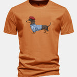 Regular Fit Dachshund Wearing Striped Sweater Print Cotton T-Shirt