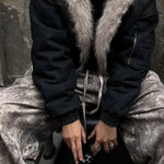 Boxy Faux Fur Collar Washed Denim Hooded Jacket