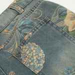 Flower Print Denim Wide Leg Pants