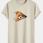 Zipper Bear Print Cotton Arc Hem T-Shirt
