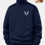 Head Deer Print Teddy Fleece Lined Turtle Neck Sweatshirt