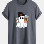 Regular Fit Halloween Ghost Coffee Print Cotton T-Shirt