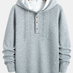 Long Sleeve Waffle Half Button Placket Arc Hem Hooded T-shirt