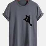 Regular Fit Black Cat Print Cotton T-Shirt