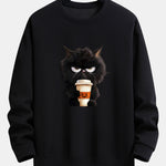 Black Cat Halloween Coffee Print Relax Fit Sweatshirt