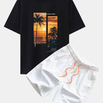 Palm Trees Landscape Slogan Print Oversize T-Shirt & Swim Shorts