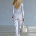 Fashionable Sporty Gray-blue Long-sleeved Half-zip Top And Trousers Set