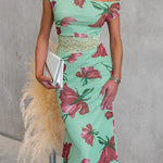 Asymmetrical Shoulder Lace Splice Floral Print Maxi Dress