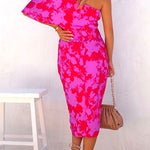 Margovil One Shoulder Batwing Sleeve Printed Tulip Dress