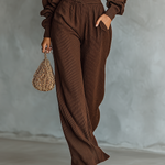 Women's Coffee-colored Short Top And Wide-leg Pants Knitted Set
