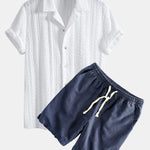 Geometric Jacquard Textured Cuban Shirt & Linen Cotton Blend Shorts