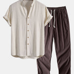 V Neck Linen Rayon Blend Shirt & Straight Leg Linen Pants