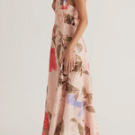 V Neck Halter Back Lace-up Floral Print Maxi Dress