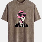 Pink Gentleman Panther Print Washed Distressed Drop Shoulder T-Shirt