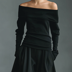 Women's Black Knit Off-Shoulder Fitted Top And Woven Fabric Skirt Set