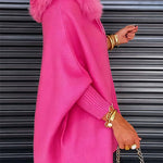 Margovil Dolman Sleeves Zipper Up Pocketed Jacket with Faux Fur Hood
