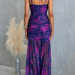 Spaghetti Strap Ruched Slit Floral Print Maxi Dress