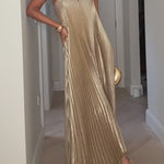 V Neck Strapless Pleated Maxi Party Dress
