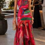 Mockneck Sleeveless Ruched Printed Maxi Dress