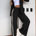 Margovil Color Block Open Front Blazer Elastic Waist Slit Wide Leg Pants Set