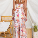 Strapless Bow Waist Floral Print Slit Wide Leg Jumpsuit