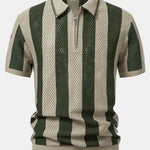 Striped Eyelet Knit Zip Up Polo Shirt & Straight Leg Linen Pants