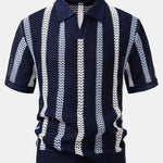 Striped Crochet V Neck Polo & Straight Leg Linen Pants