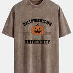 Halloween Pumpkin Town Print Washed Distressed Drop Shoulder T-Shirt