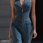 Denim Halter Neck Zip-Front Cropped-Leg Jumpsuit