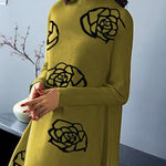A-Line Long Sleeves Flower Print Mock Neck Midi Dresses