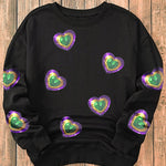 Black Mardi Gras Heart Print Crew Neck Sweatshirt