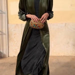 Velvet Puff-Sleeve Stand-Collar Long Coat