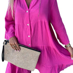 Rose Crinkled Tiered Split Neck Shirt Dress