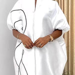Half Sleeves Loose Elasticity Printed Split-Front Stand Collar Maxi Dresses