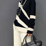 Long Sleeves Loose Contrast Color High Neck Sweater Tops
