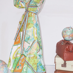 Travel Around The World Unique Print Balloon Sleeve Belt Shirt Midi Dress