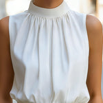 Sleeveless High-Neck Tie-Waist Blouse
